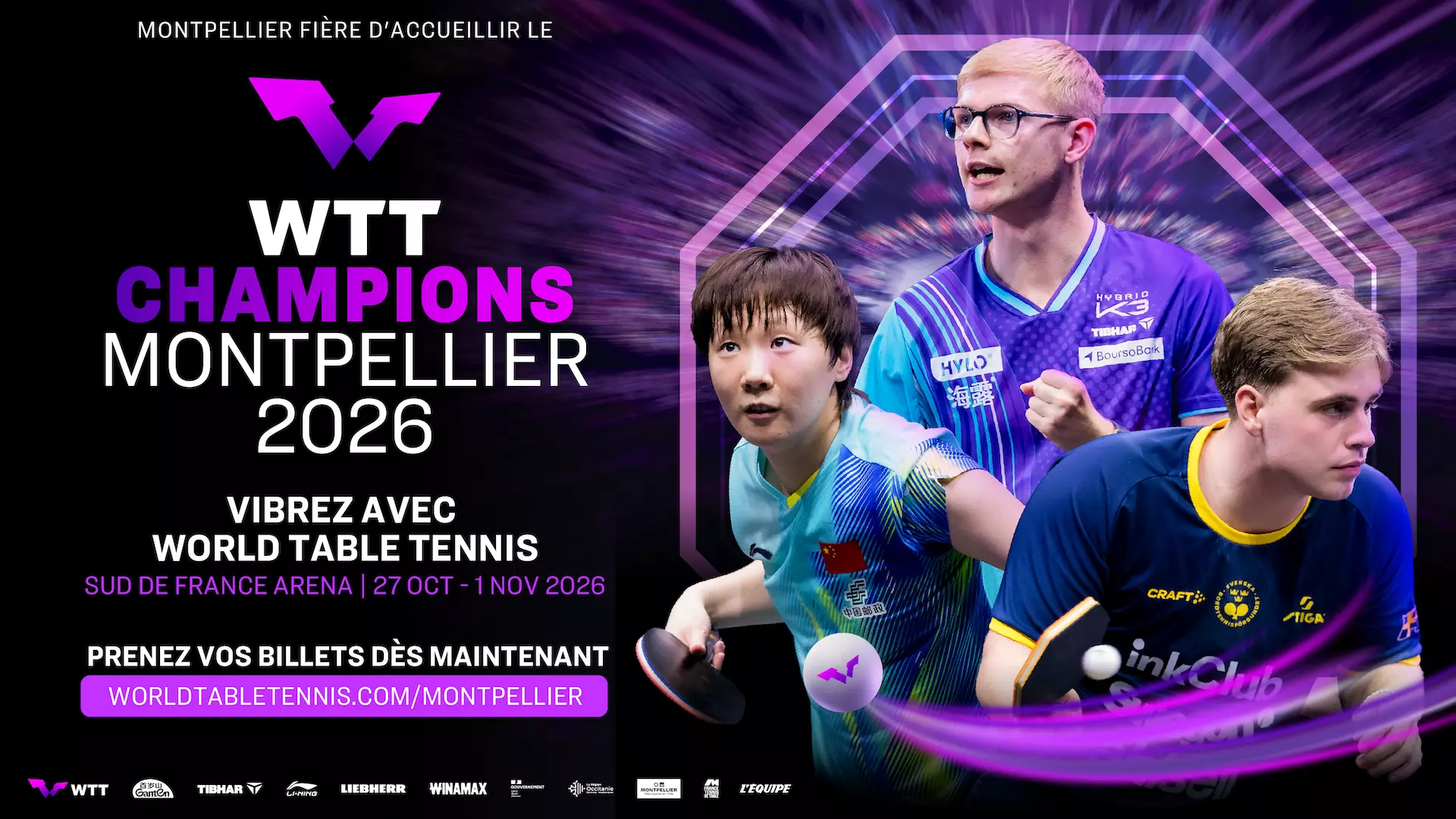 WTT Champions Montpellier 2026 du 27 octobre au 1er novembre à la sud de France Arena.