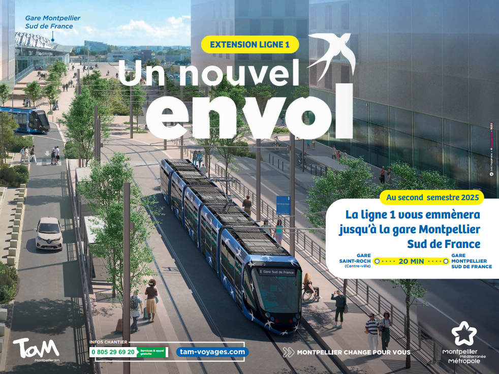 Extension ligne 1. Un nouvel envol. Au second semestre 2025. La ligne 1 vous emmènera jusqu'à la gare Montpellier Sud de France