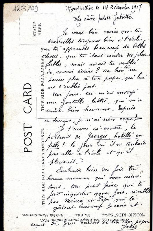Carte postale de Jules, soldat à sa fille Juliette, décembre 1917. AMM, carte postale, 12Fi109v