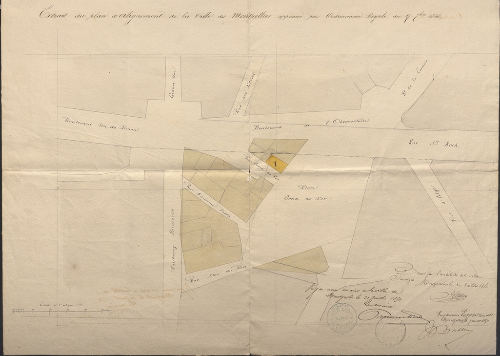 Plan d'alignement pour l'emplacement du marché couvert signé Jean Cassan, 30 juillet 1850. AMM, 2Fi334