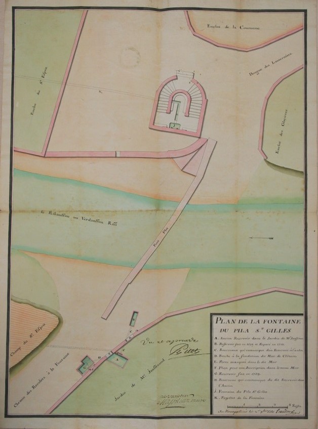 Plan fontaine Pila Saint-Gilles, maire et H. Pitot, 2 décembre 1750