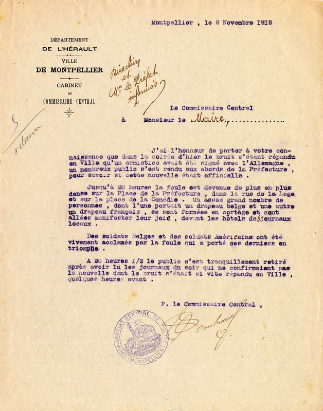 Lettre du commissaire central au maire de Montpellier, 8 novembre 1918. AMM, 5H75