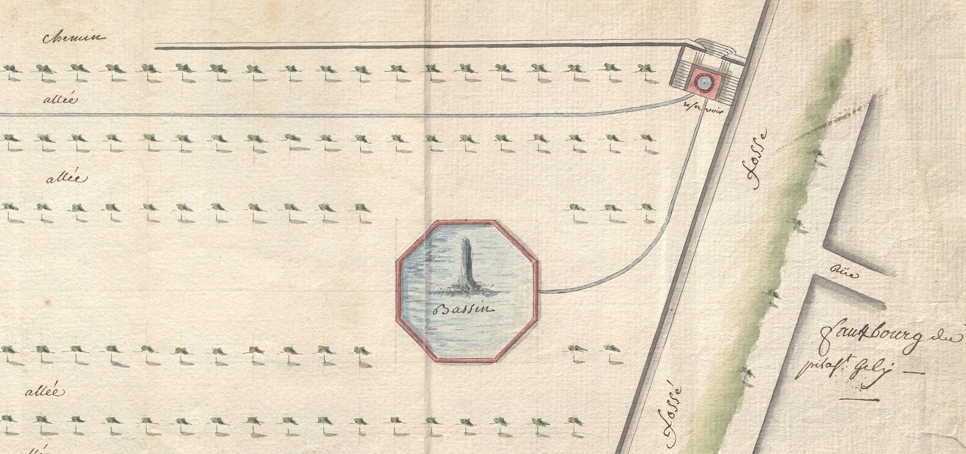 Alimentation bassin sud par réservoir, construit côté Porte du Pila Saint-Gely. Plan Esplanade profil conduite signé J. Donnat, J. Giral, 15 mai 1779. AMM,  II553b, détail