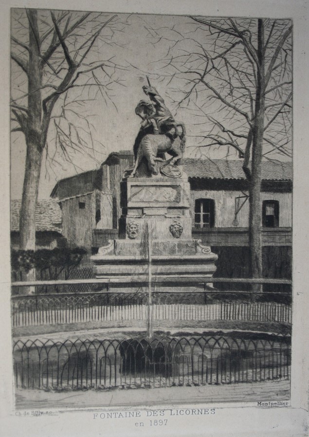 Fontaine des Licornes. Estampe, M. Billy, 1897.