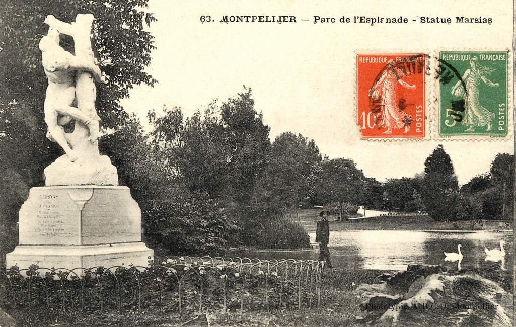 Parc de l'Esplanade, statue Marsyas, vers 1900. AMM, carte postale, 6Fi505