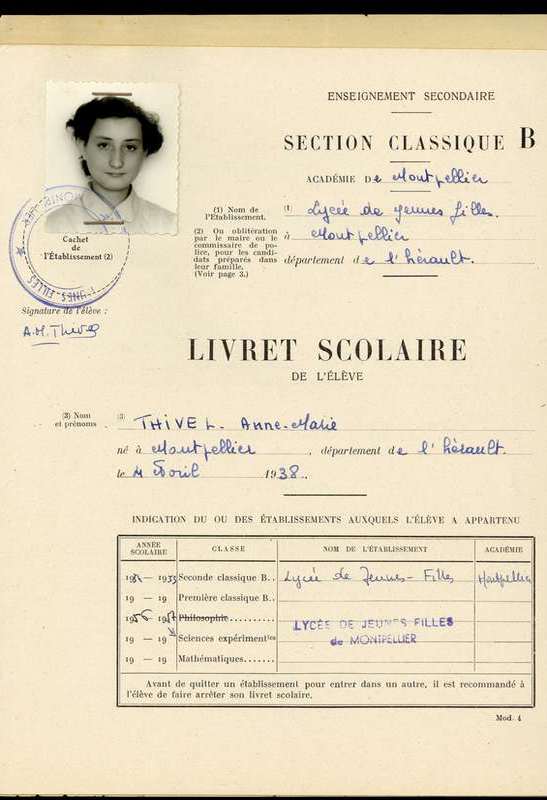 Livret scolaire d'Anne-Marie Thivel, 1938. AMM, 42 S 27 1 02
