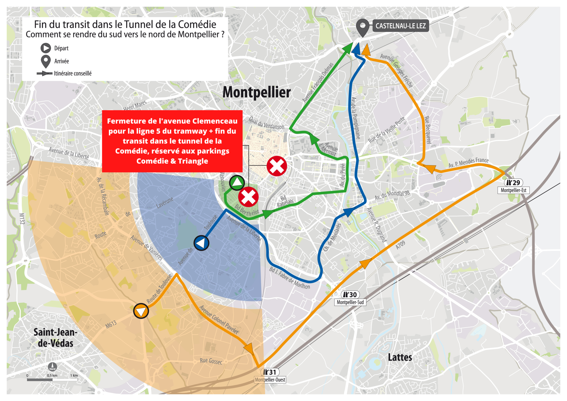 Fermeture de l'avenue Clemenceau pour la ligne 5 du tramway + fin du transit dans le tunnel de la Comédie, réservé aux parkings Comédie & Triangle