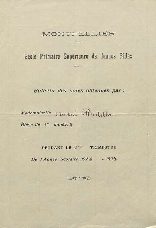Bulletin de notes d'Andrée Rodella, 1926-1927. AMM, 42 S 3 003
