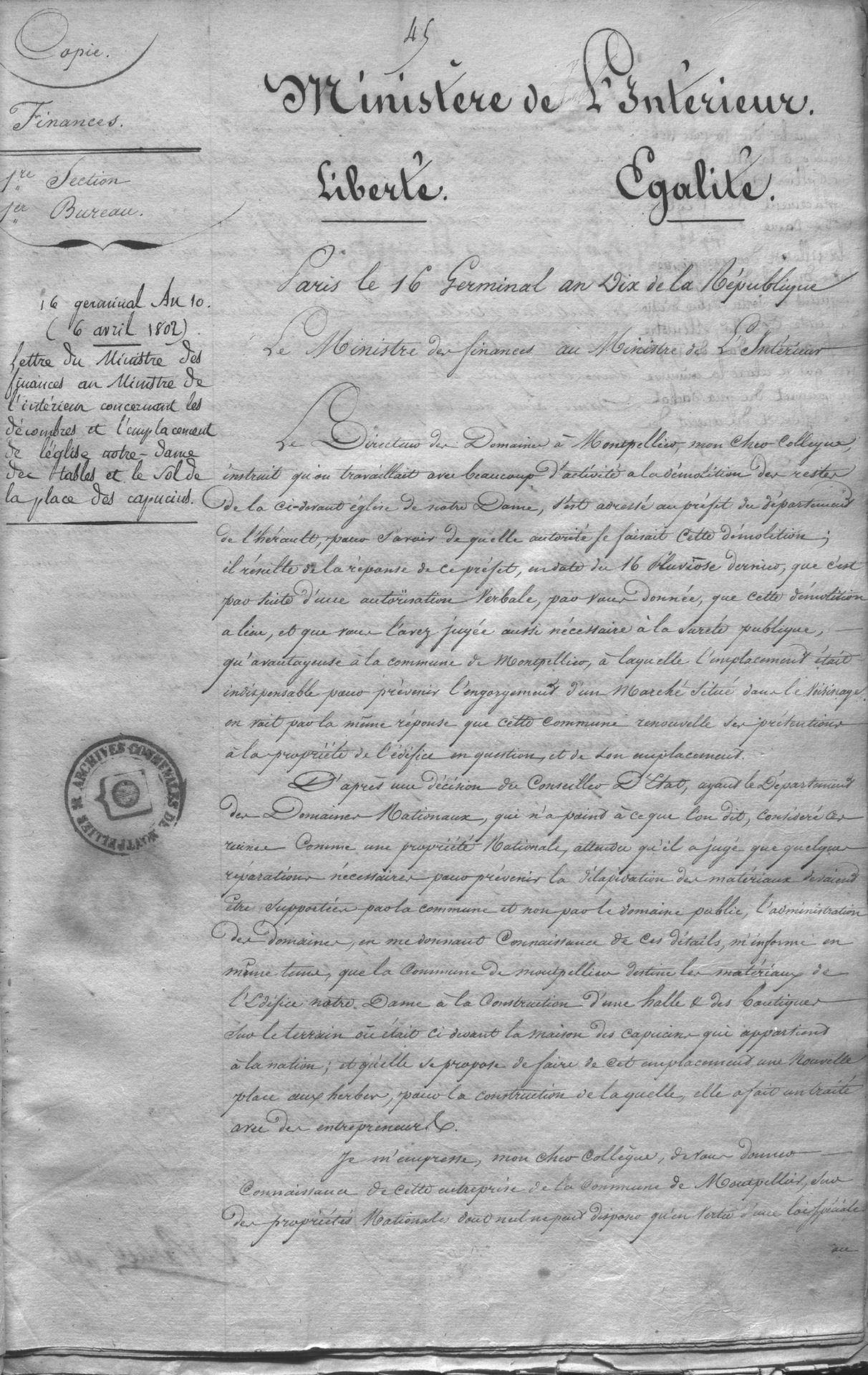 Lettre ministre Intérieur, 6 avril 1802. AMM, 18S1, f.45