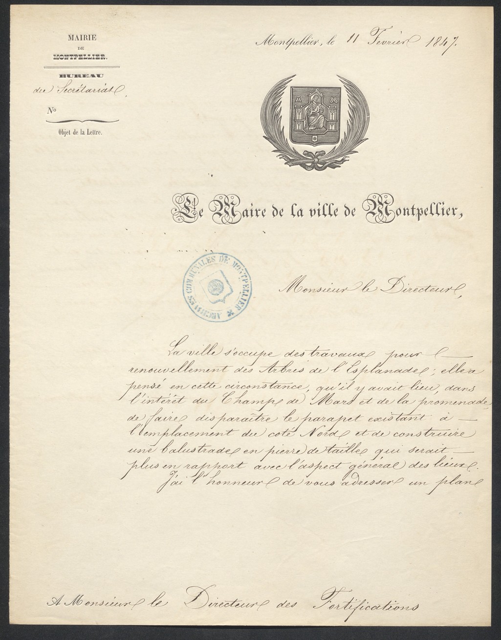 Lettre du maire pour balustrade, 11 février 1847. AMM, série 