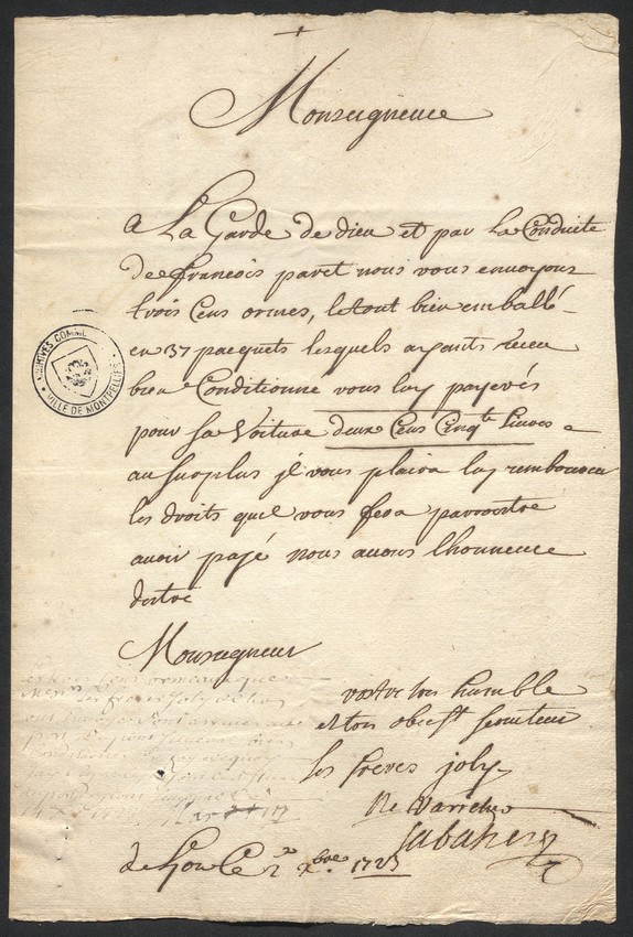 Commande de 300 ormes à Lyon, 1723. AMM, DD97