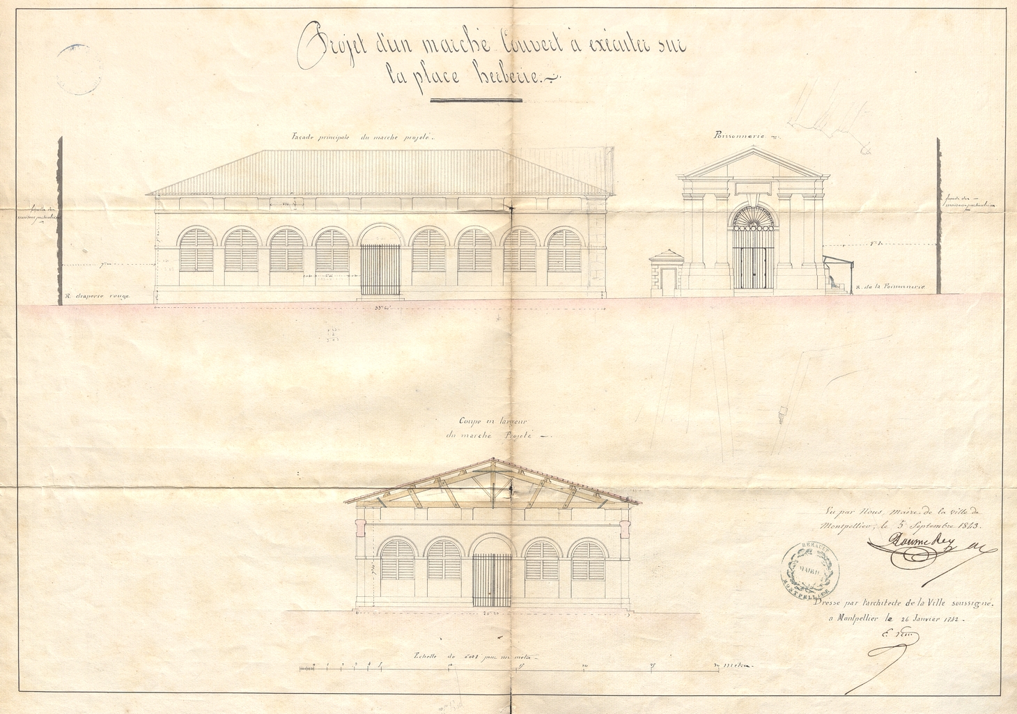 Plan projet halle Castellane, place de l’Herberie, dressé par l’architecte de la Ville E. Teste, le 26 janvier 1842. AMM, série M