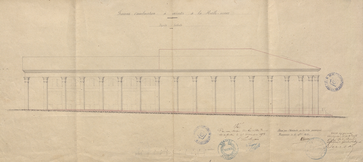 Travaux d’amélioration de la halle neuve, façade latérale, dressé par l’architecte de la Ville, Jean Cassan, le 15 novembre 1856 et Jules Pagezy, maire. AMM, série M1/9