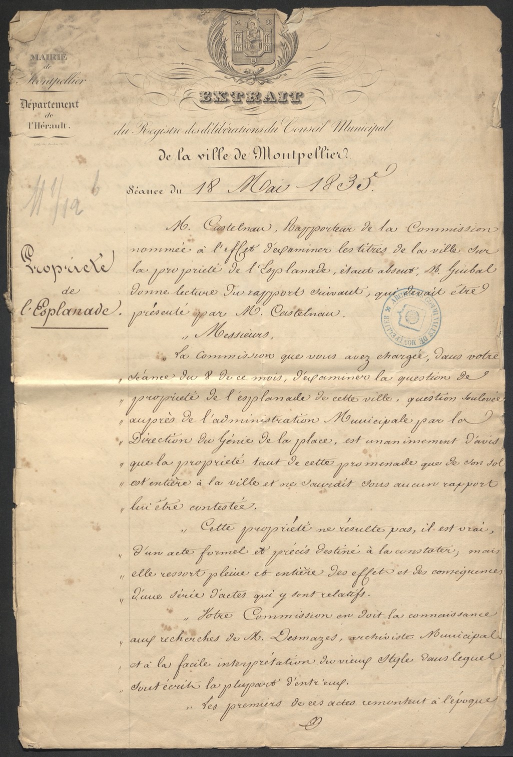 Délibération propriété à la Ville, 18 mai 1835. AMM, série O
