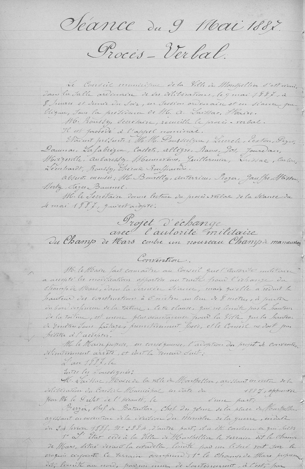 Procès verbal Ville-armée pour échange, 9 mai 1887. AMM, 1D71-250