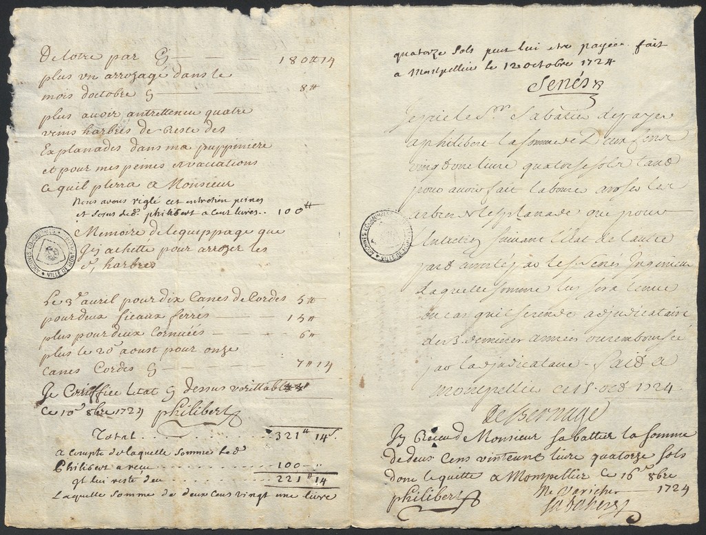Mémoire du jardinier Philibert Foulquier, signé par D. Senès, et Bernage, 16 octobre 1724. AMM, DD97