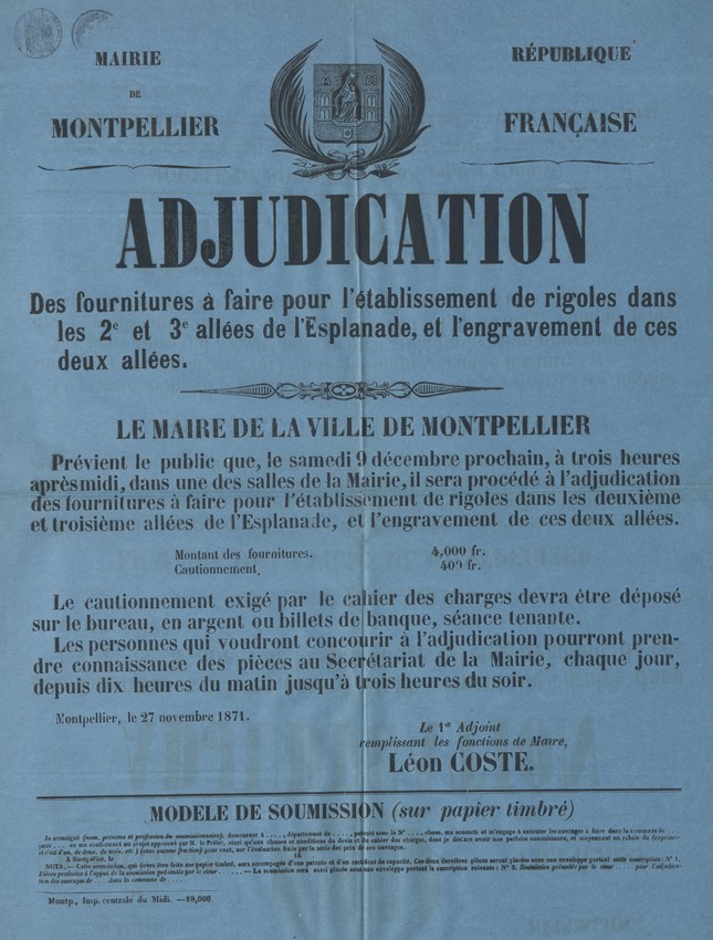 Adjudication rigoles, engravement, 27 novembre 1871. AMM, série I