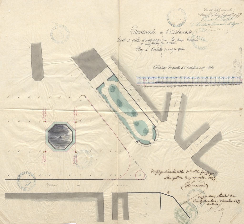 Projet de grilles d'entourage pour les deux bassins, 15 novembre 1877. AMM, série 0