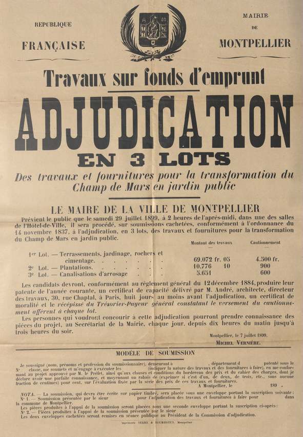 Adjudication travaux Champ de mars, juillet 1899. AMM, série, O