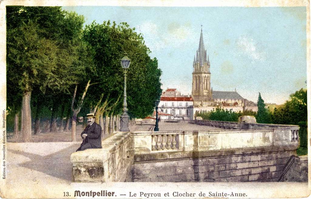 Peyrou et clocher de Sainte-Anne, vers 1900. Archives municipales de Montpellier, carte postale, 6Fi753