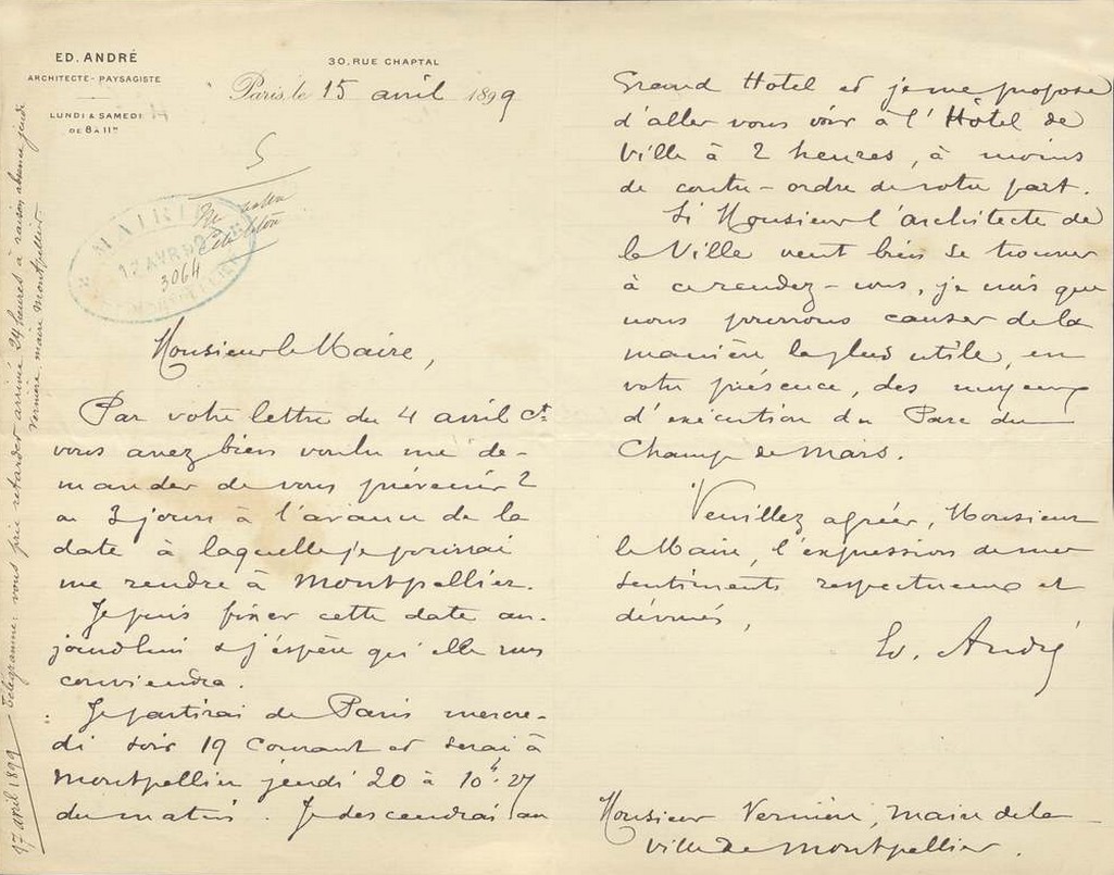 Lettre d'Edouard André au maire, Michel Vernière, pour visiter l'Esplanade, 15 avril 1899. AMM, série O