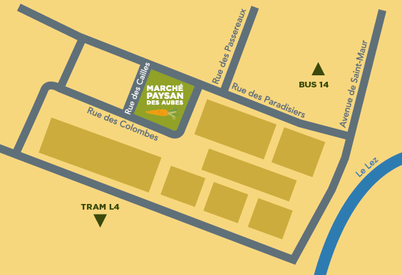 Plan du marché paysan des aubes situé rue des cailles