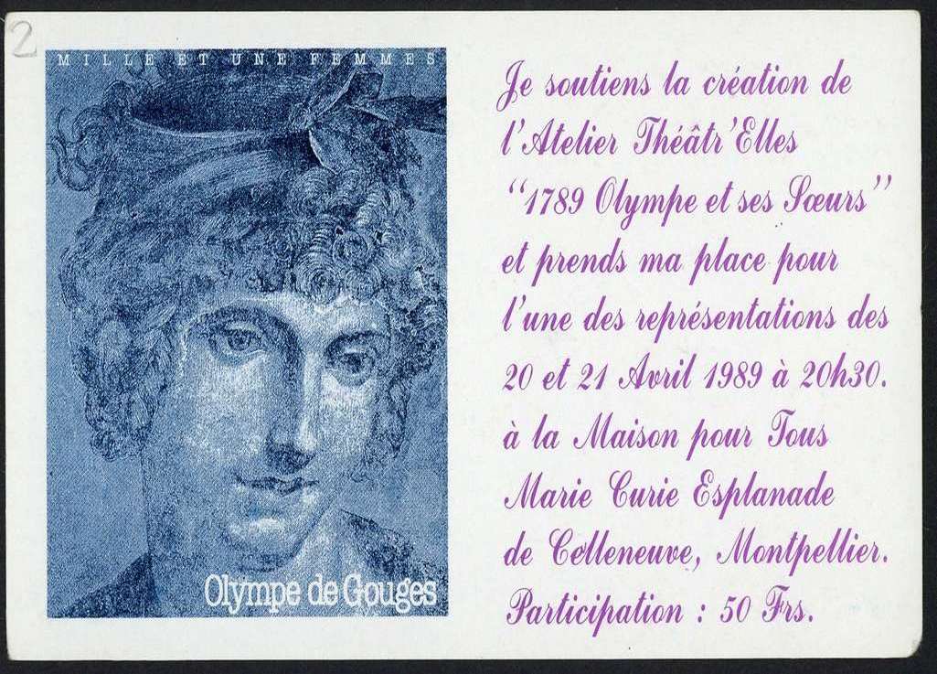 Flyer distribué à l’occasion de la création théâtrale 1789 Olympe et ses sœurs, 1989. AMM, 42 S 7