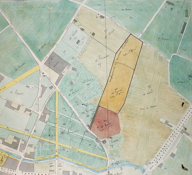 Rues projetées (en jaune) et Clos du Mascle pour construction du marché, 1835. AMM, 2Fi183
