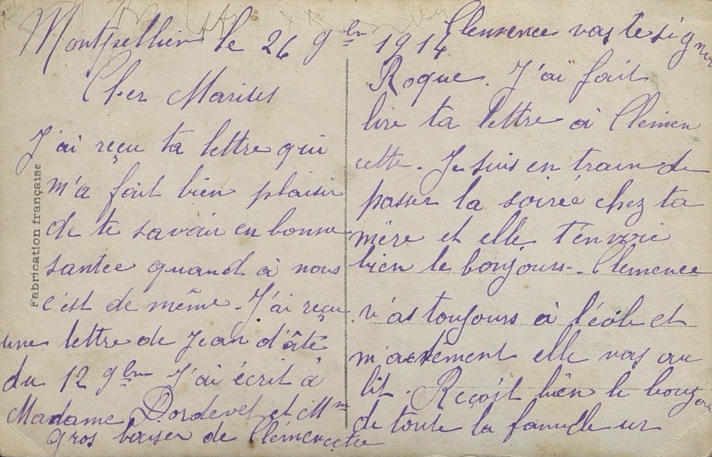 Carte postale d'Elise à Marius Coutarel, 26 novembre 1914. AMM, 33Fi181
