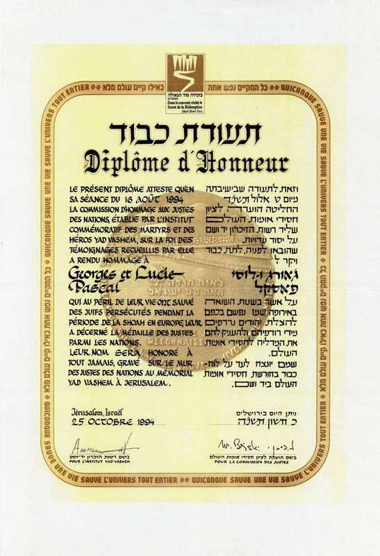 Diplôme d’honneur Yad Vashem attribué à Lucie et Georges Pascal, 1994. AMM, 42 S 1