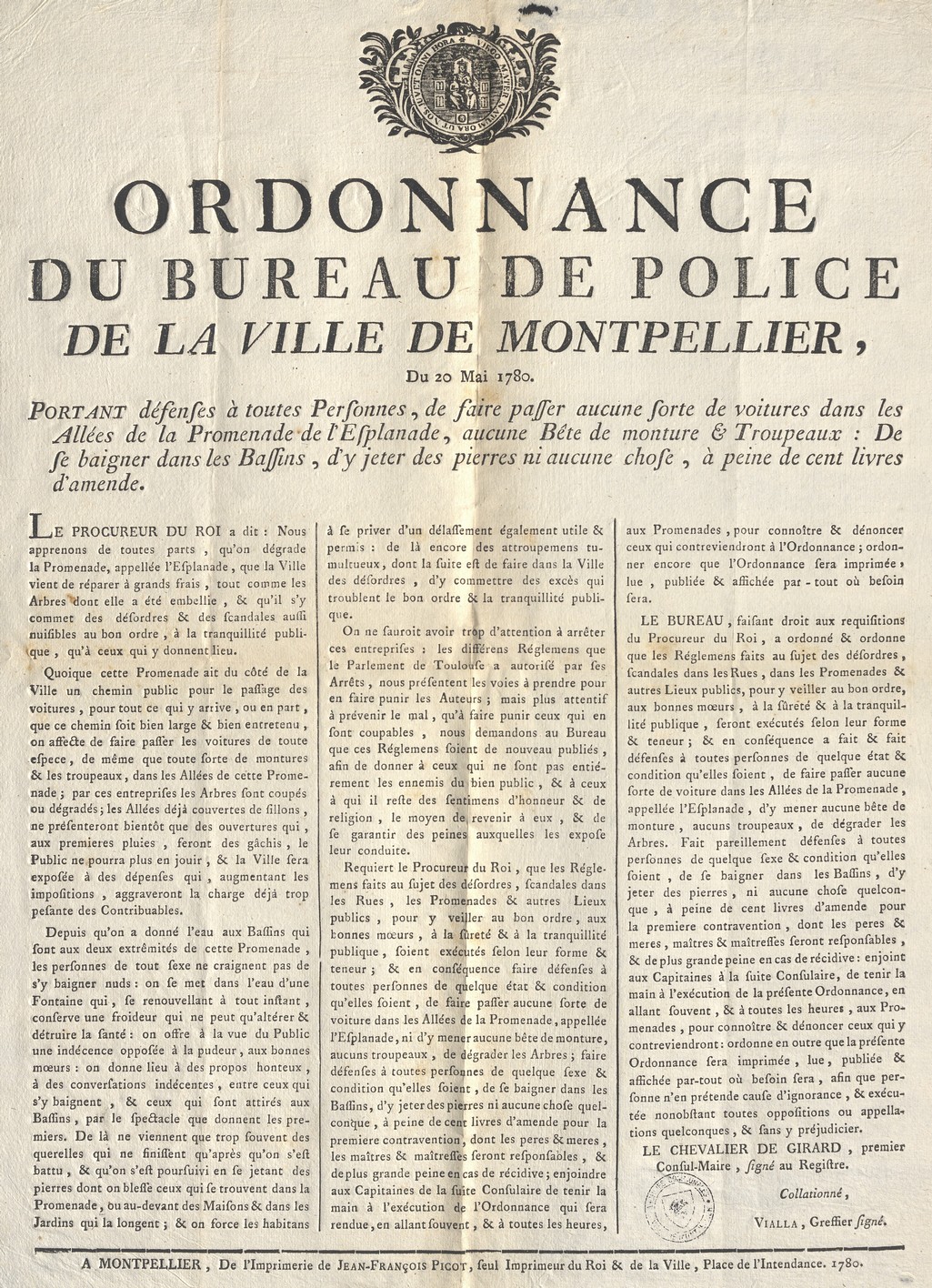 Ordonnance contre voitures, baignades, 20 mai 1780. AMM, DD96