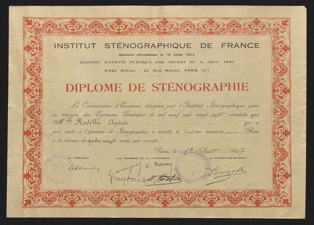 Diplôme de sténographie d'Andrée Rodella, 1927. AMM, 42 S 3 010
