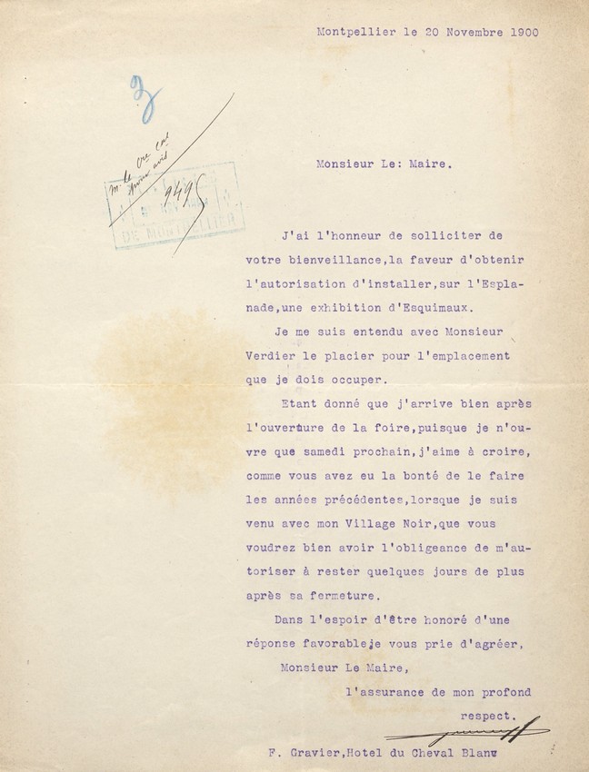 Demande autorisation Village Esquimau, 20 novembre 1900. AMM, série I