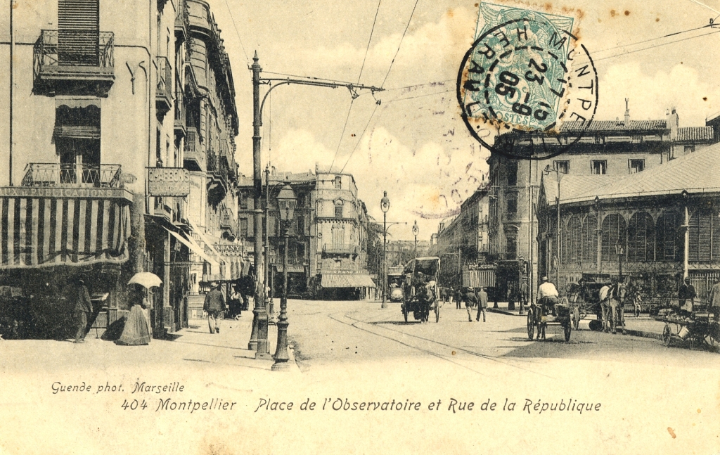 Place de l'observatoire et rue de la République. Archives de la ville de Montpellier, 6Fi 465