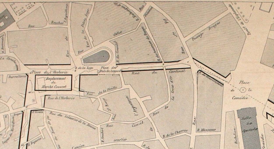 Plan alignements pour marché projeté place de l’Herberie, signé par J. Cassan, 30 décembre 1854. AMM, 2Fi114, détail