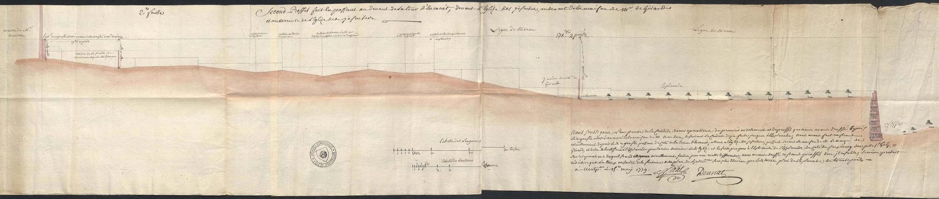 2e profil de la conduite à construire pour l'eau de l'Esplanade, 15 mai 1779, signé par Jacques Donnat et Jean Giral. AMM, DD97