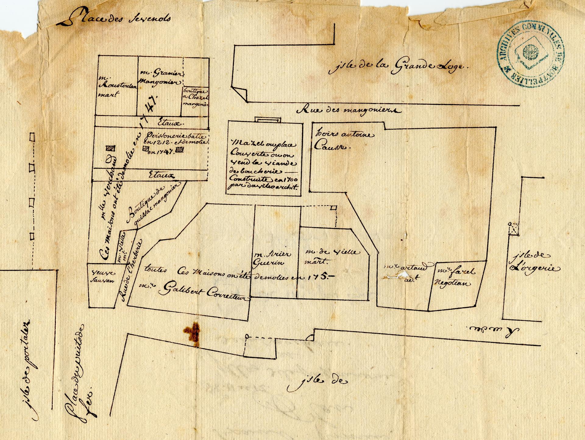 Sixain Saint-Firmin, plan des îles de la Poissonnerie et de la Boucherie. Archives municipales de Montpellier, II612