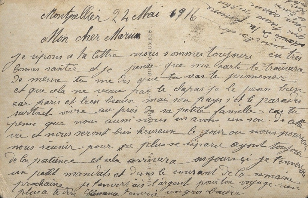 Carte d'Elise à Marius, 24 mai 1916. AMM, 33Fi364-2