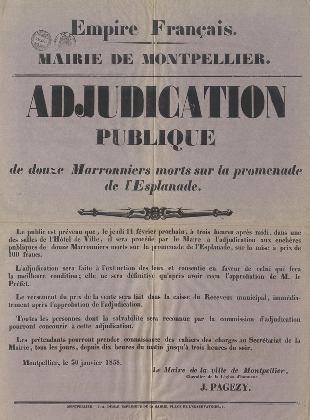 Adjudication vente marronniers, 30 janvier 1858. AMM, série O
