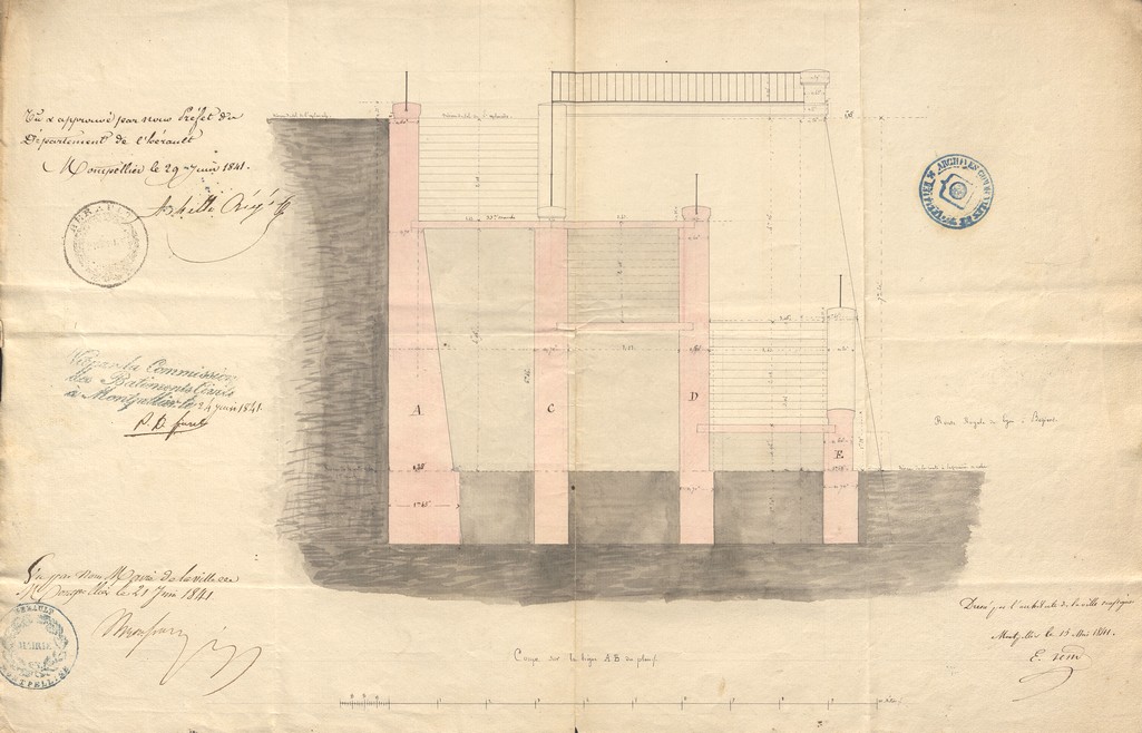 Plan du mur de soutènement de l'Esplanade, dressé par E. Teste, architecte, maire, préfet, 15 mai 1841. AMM, série O