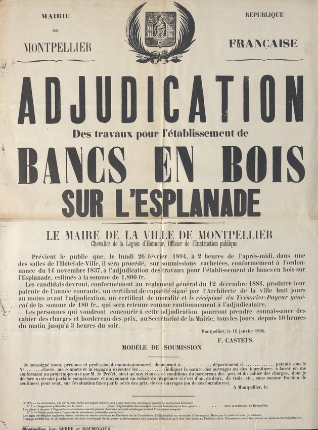 Adjudication pour bancs en bois, 16, janvier 1894. AMM, série O