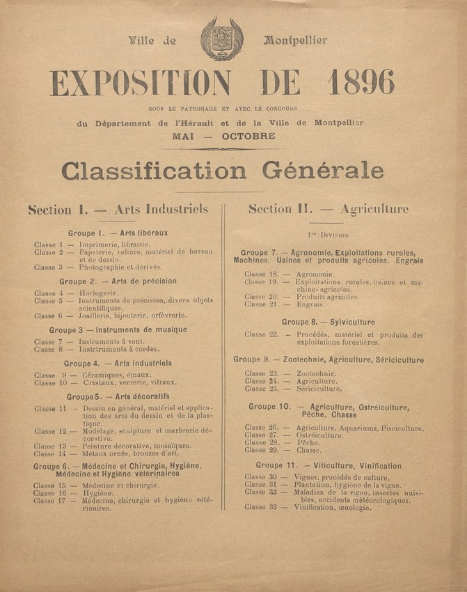 Classification générale de l'exposition de 1896. AMM, série F