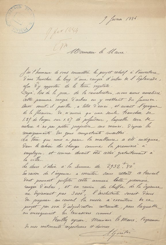 Lettre au maire d'A. Goutès, 9 février 1884. AMM, série O