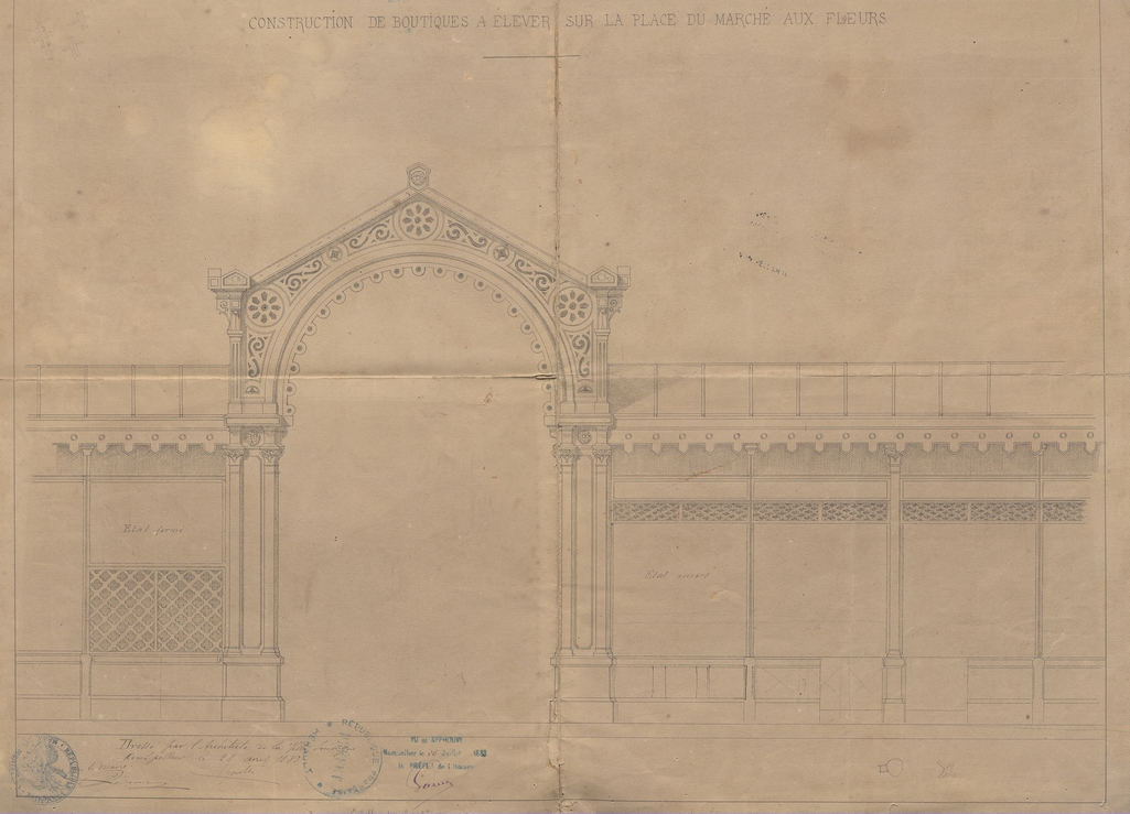 Plan boutiques, porte, façade du Marché aux fleurs, dressé par l’architecte Alphonse Goutès, 28 avril 1883. AMM, série M, 