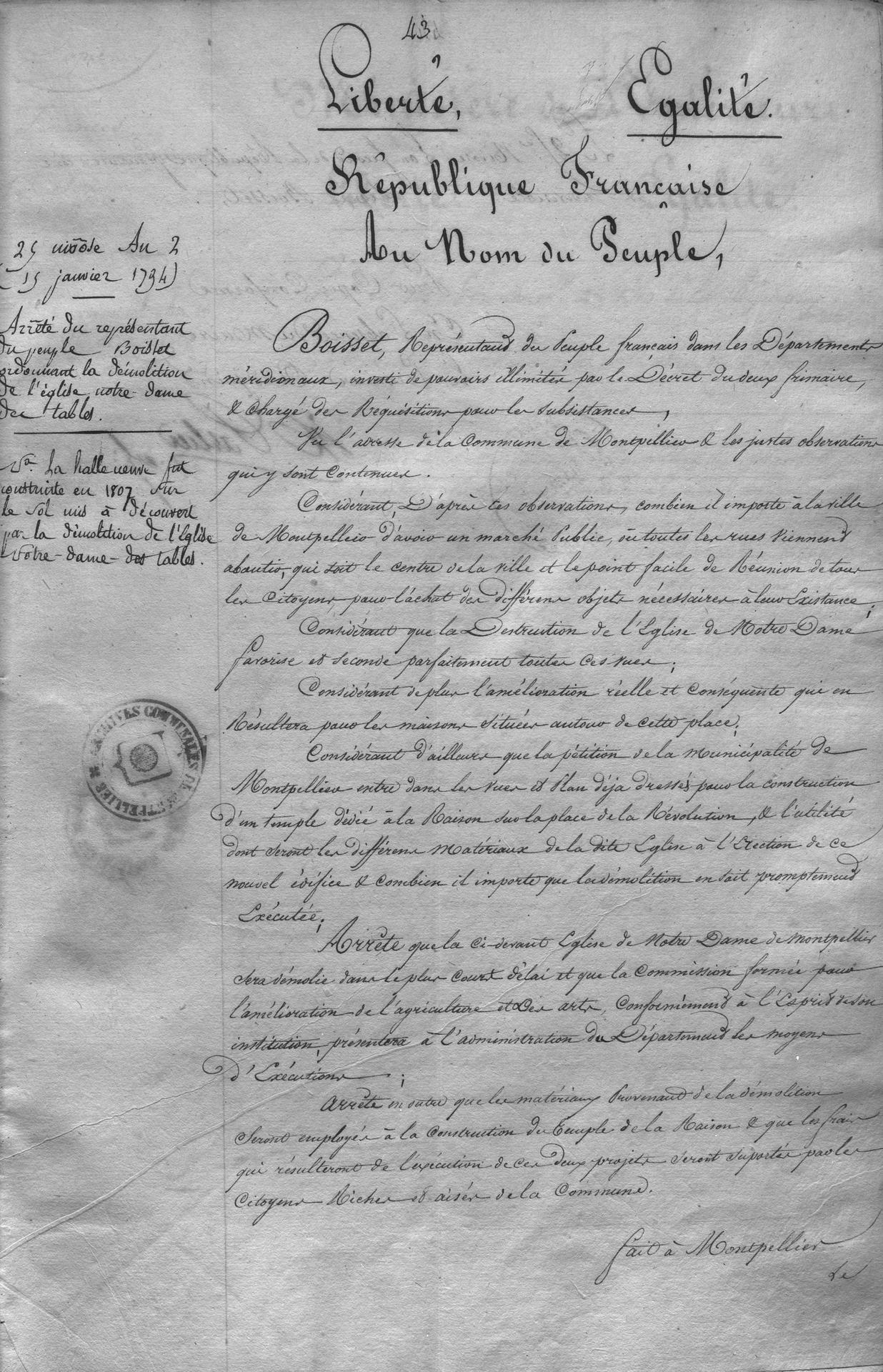 Arrêté du 15 janvier 1794. AMM, 18S1, f.43 (vue 31)