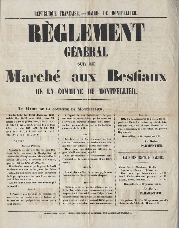 Règlement général, 11 mars 1851. AMM, série I affiche