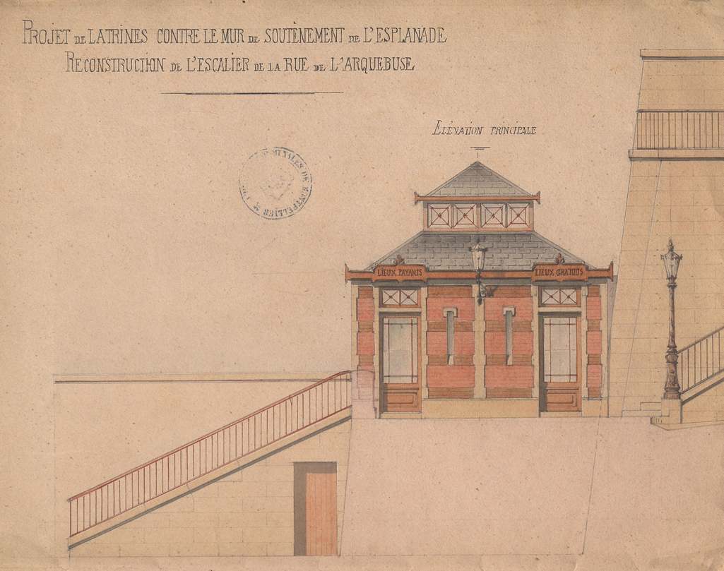 Plan projet de latrines contre le mur de soutènement de l'Esplanade, 1870. AMM, série O