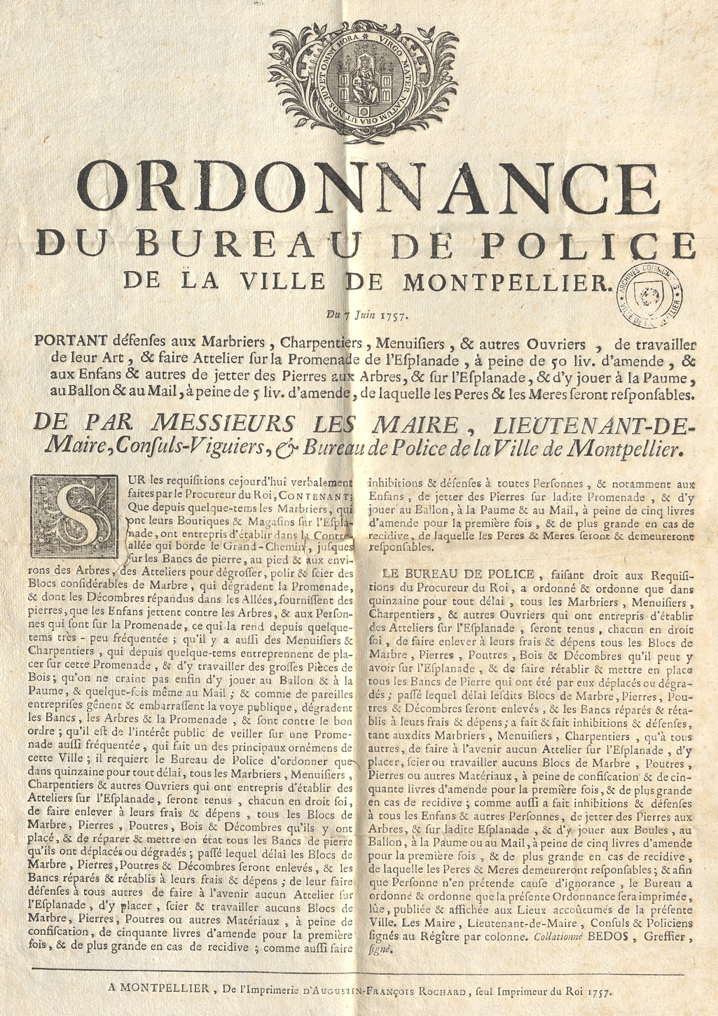 Ordonnance interdisant les travaux, 7 juin 1757. AMM, DD97
