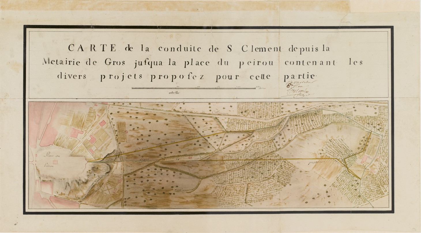 Carte de la conduite des fontaines de St Clément et du Boulidou depuis leurs sources jusqu'à la ville de Montpellier, 1766
