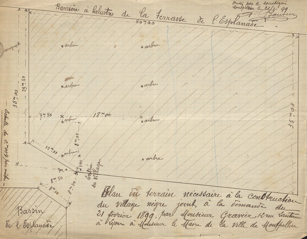 Plan du terrain nécessaire à la construction du Village nègre, 21 février 1899. AMM, série F